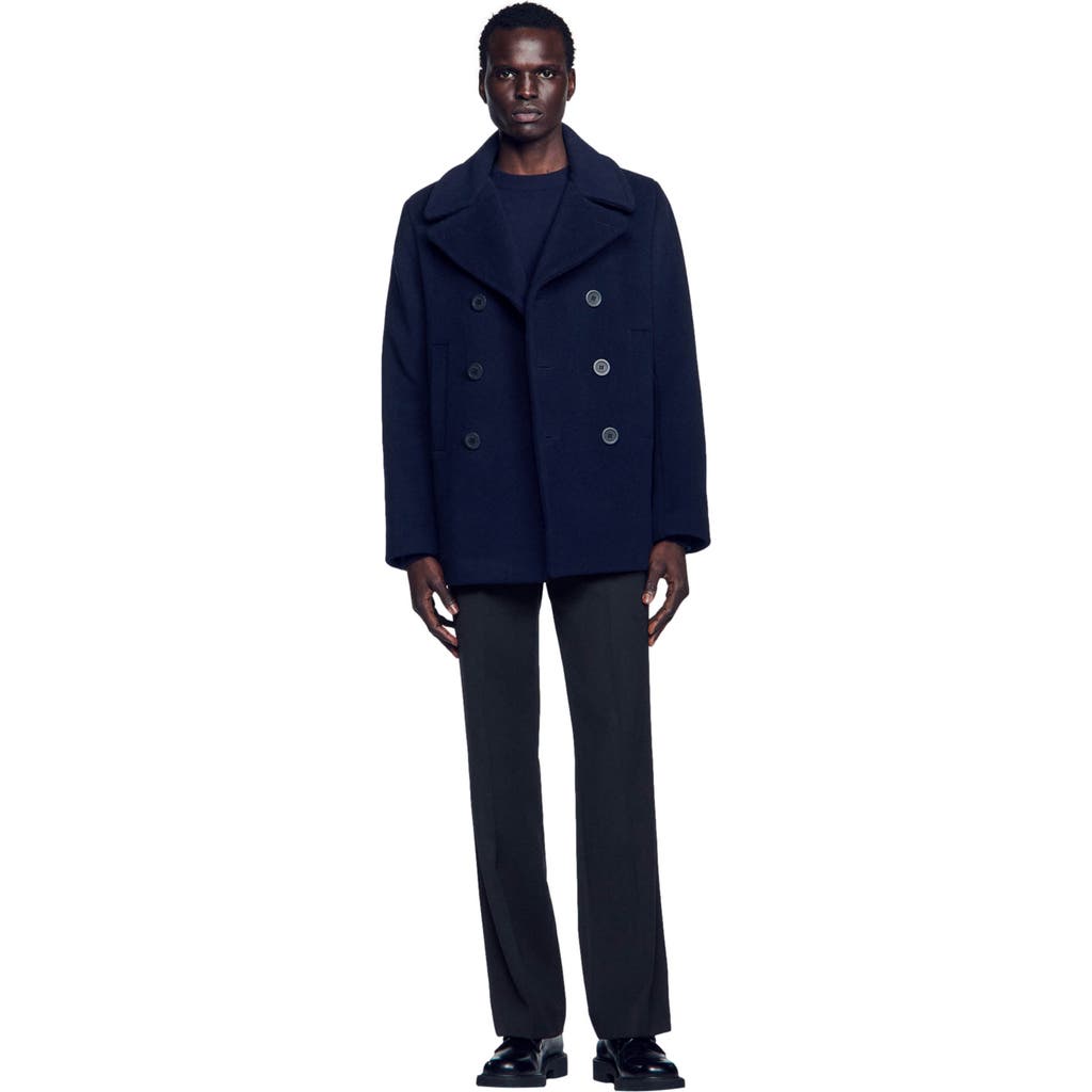 Sandro Straight-fit Wool-blend Coat In Navy Blue