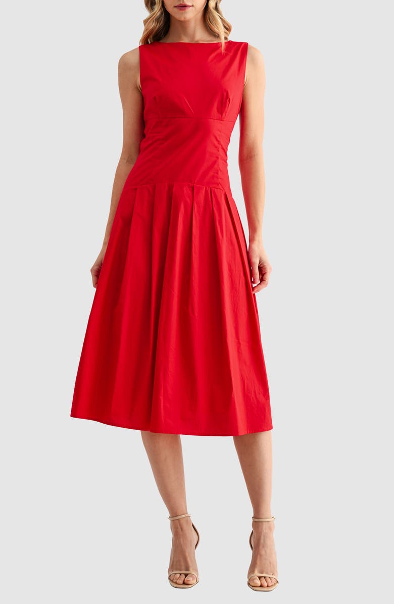 Mila Mae Pleated Sleeveless Cotton Midi Dress, Main, color, Red