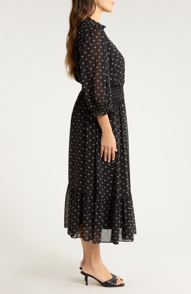 SUGARLIPS Irene Rosaly Bow Print Long Sleeve Smock Waist Dress, Alternate, color, Black-White