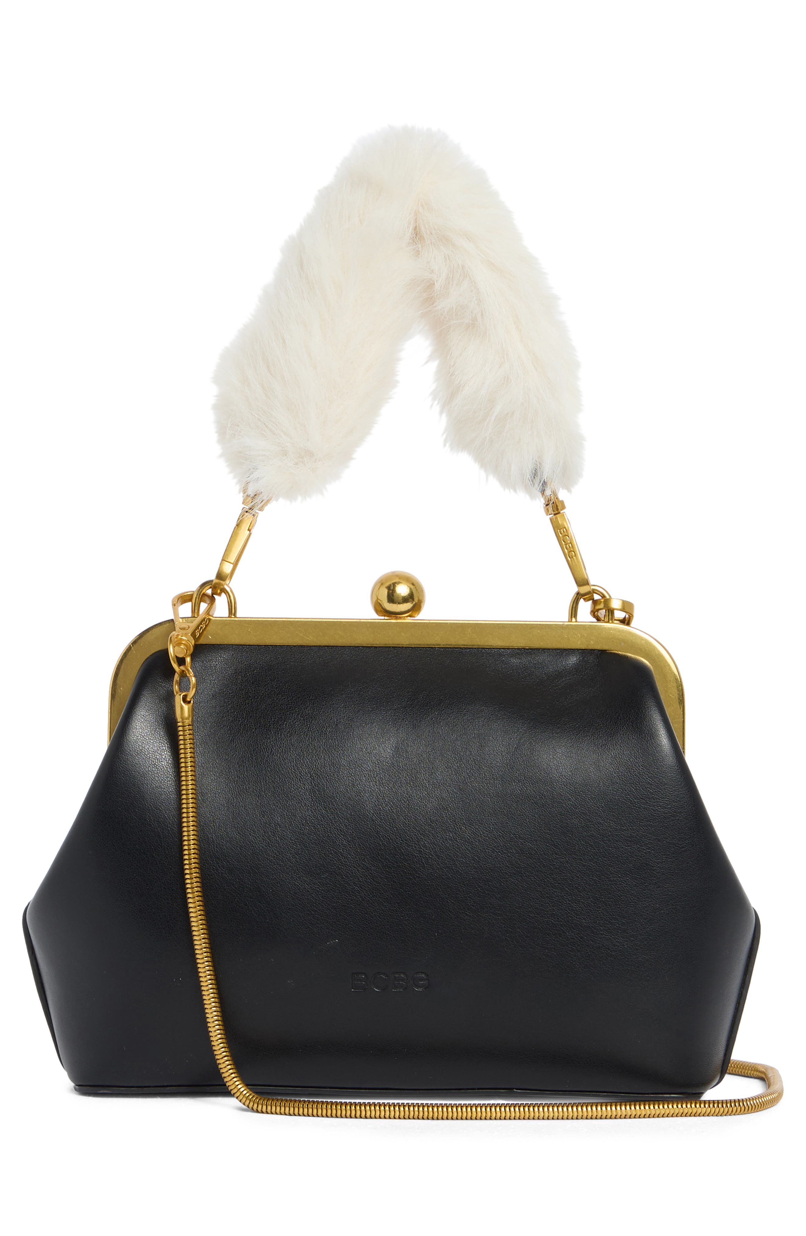 BCBG Faux Fur Top Handle Frame Clutch, Alternate, color, Black
