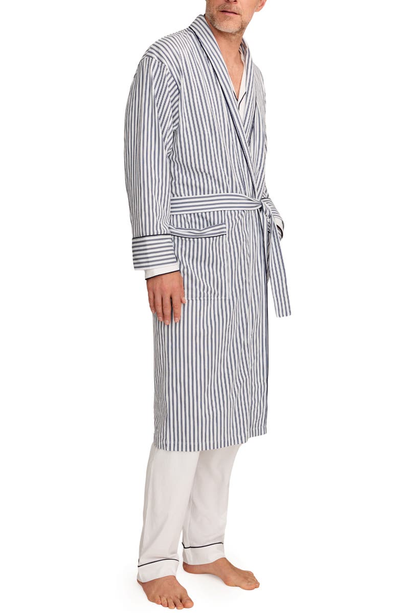 Petite Plume Stripe Woven Pima Cotton Robe, Alternate, color, Navy