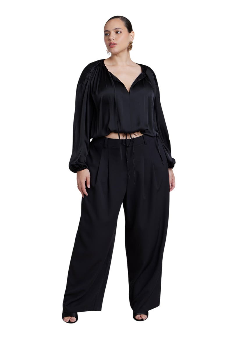 Satin Drawstring Peasant Blouse, Alternate, color, BLACK ONYX