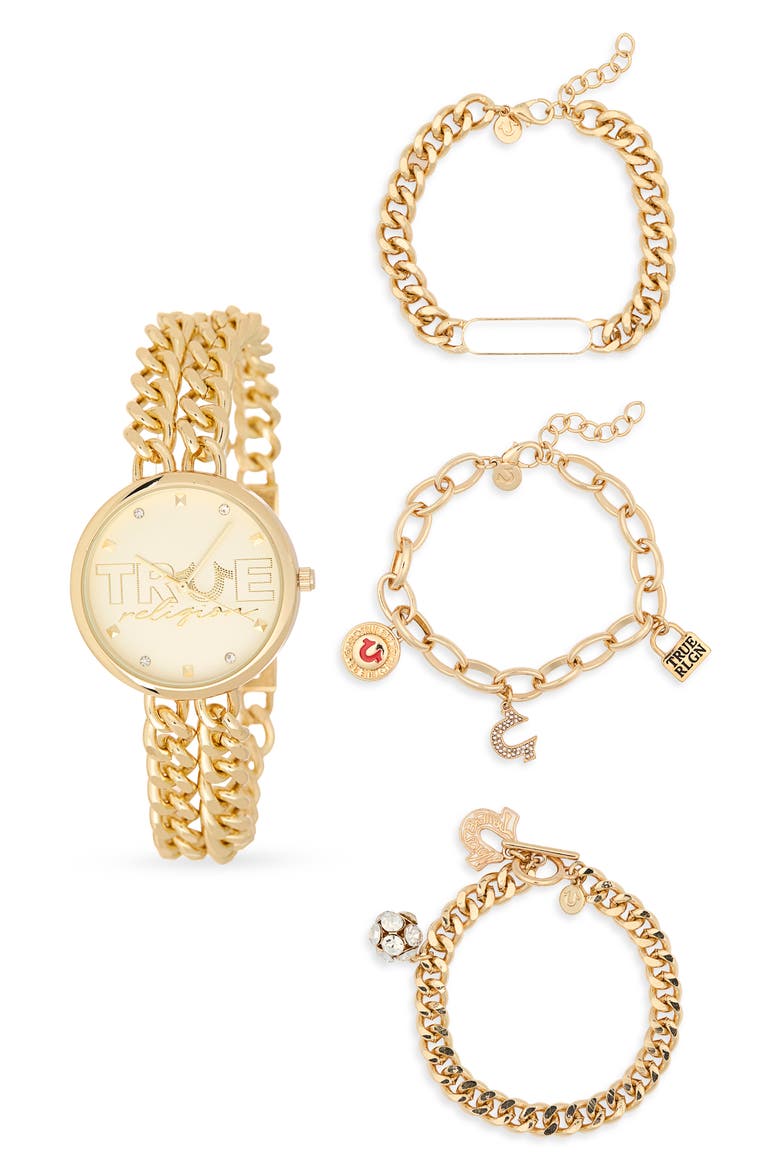 Double Link Crystal Bracelet Watch, 32.1mm & Assorted Bracelets Set, Main, color, GOLD