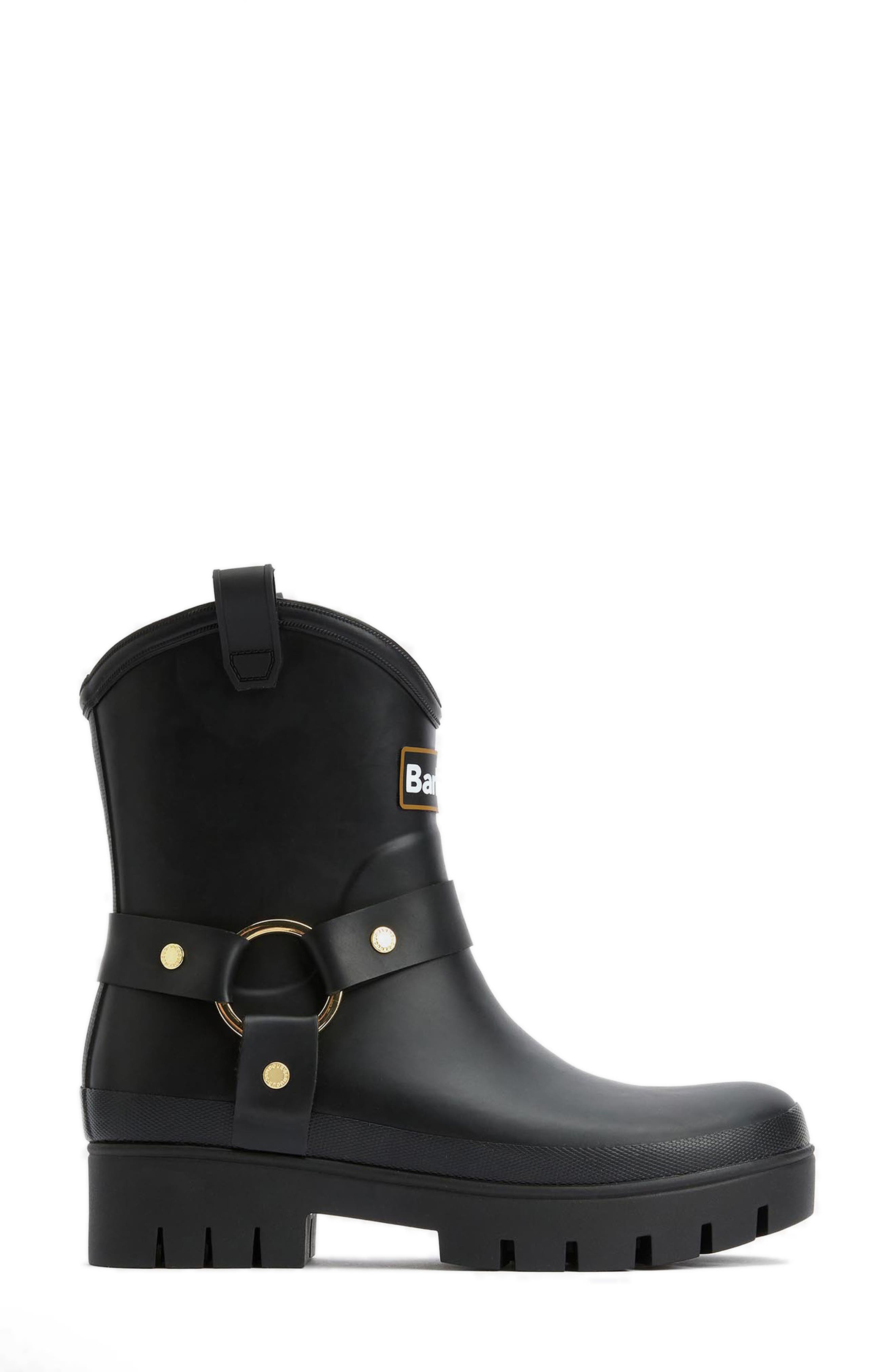 Barbour Elley Harness Rain Boot, Alternate, color, Black