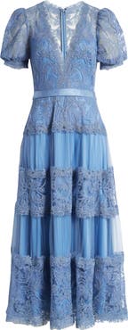 Tadashi Shoji Embroidered Lace Tiered Midi Dress