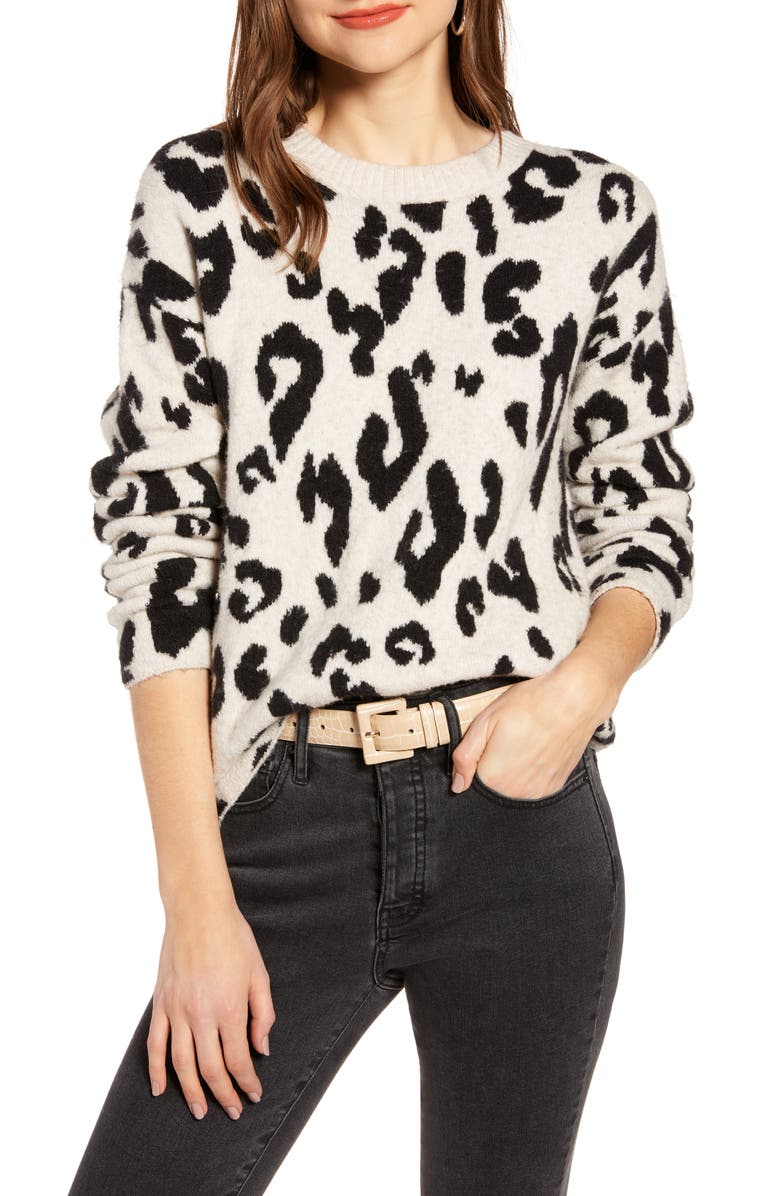 Something Navy Leopard Crewneck Pullover, Main, color, 