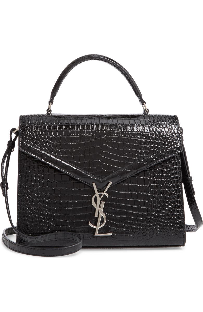 Saint Laurent Medium Cassandra Croc Embossed Calfskin Satchel, Main, color,