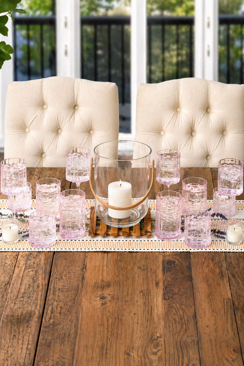 Scalloped Rim Fluted Short Tumbler Glass, Set of 4, 8oz, Blush Pink, Alternate, color, pink