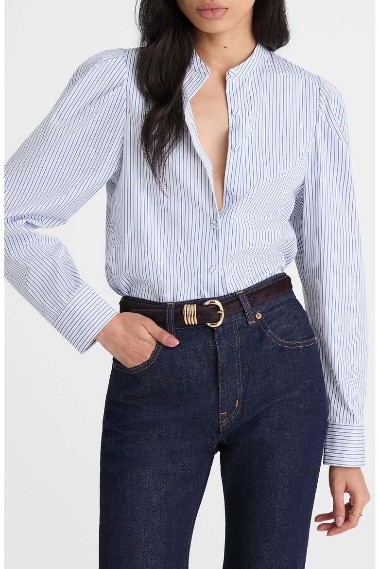 Paulina Stripe Cotton Poplin Band Collar Button-Up Shirt, Main, color, HYDRANGEA