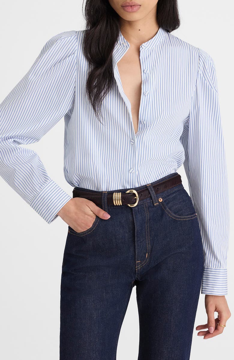 Madewell Paulina Stripe Cotton Poplin Band Collar Button-Up Shirt, Main, color, Hydrangea