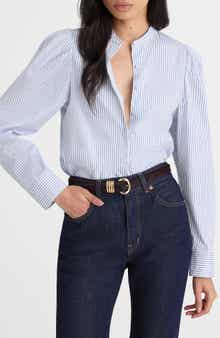 Madewell Paulina Stripe Cotton Poplin Band Collar Button-Up Shirt
