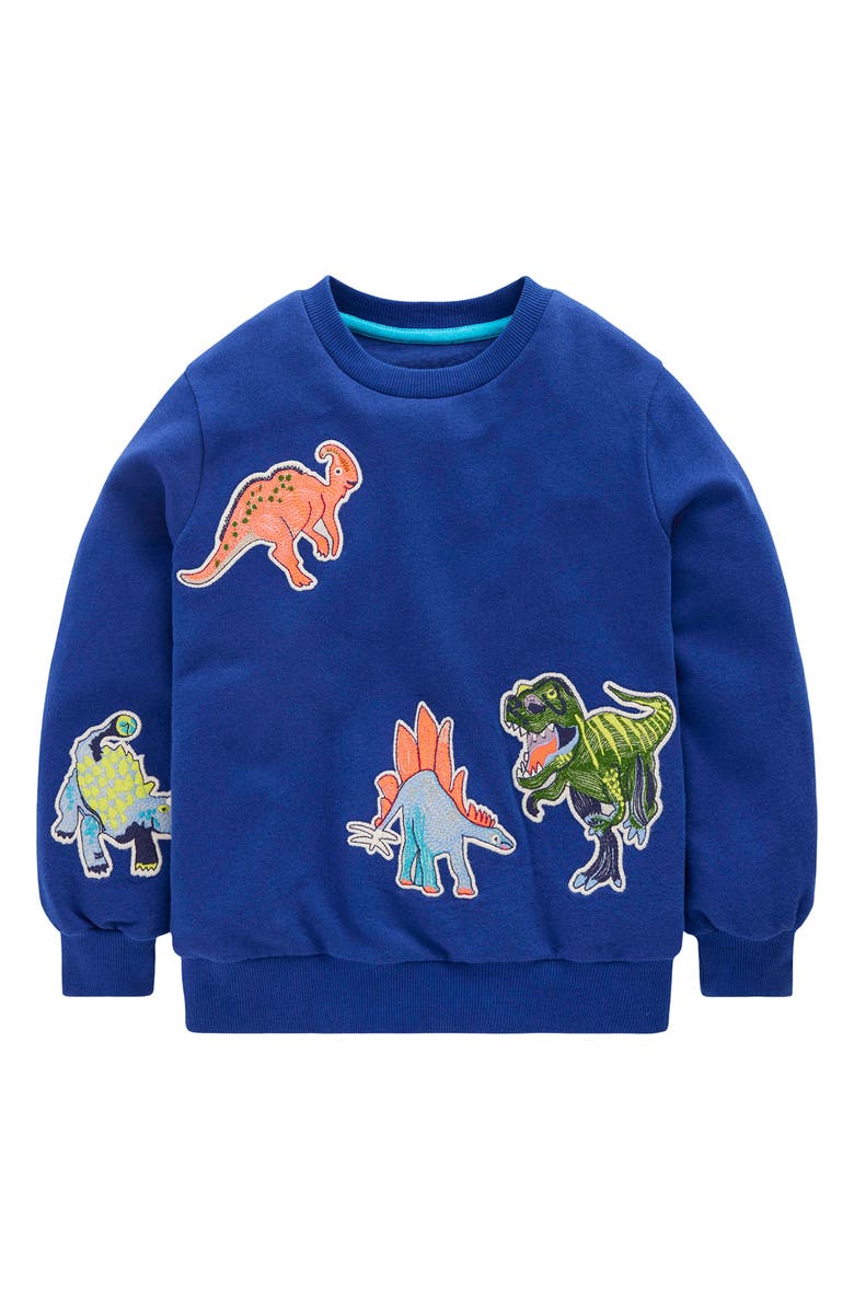 Mini Boden Kids' Dino Appliqué Cotton Graphic Sweathirt, Main, color, Mazarine Blue Dinos