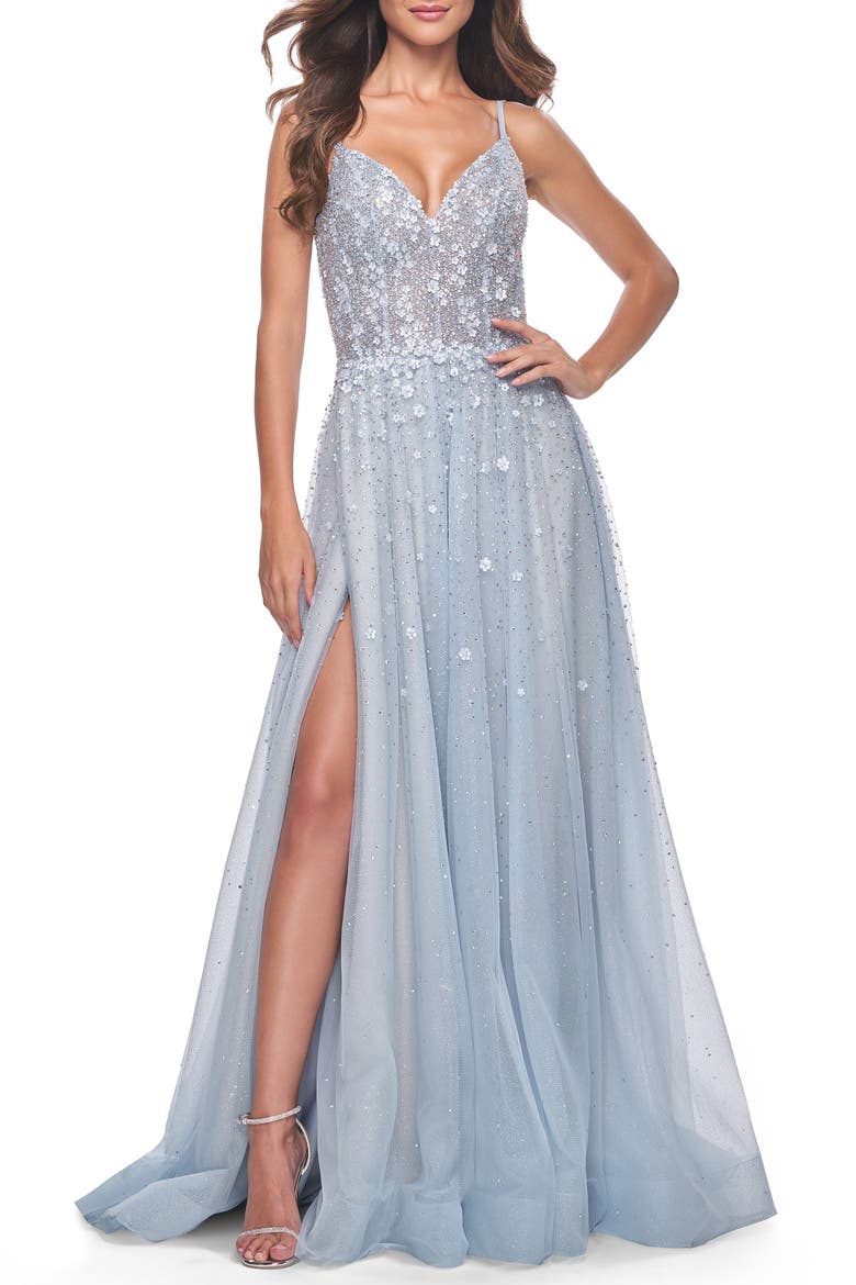 A-Line Tulle Gown with Unique Floral and Rhinestone Details, Alternate, color, Light Blue