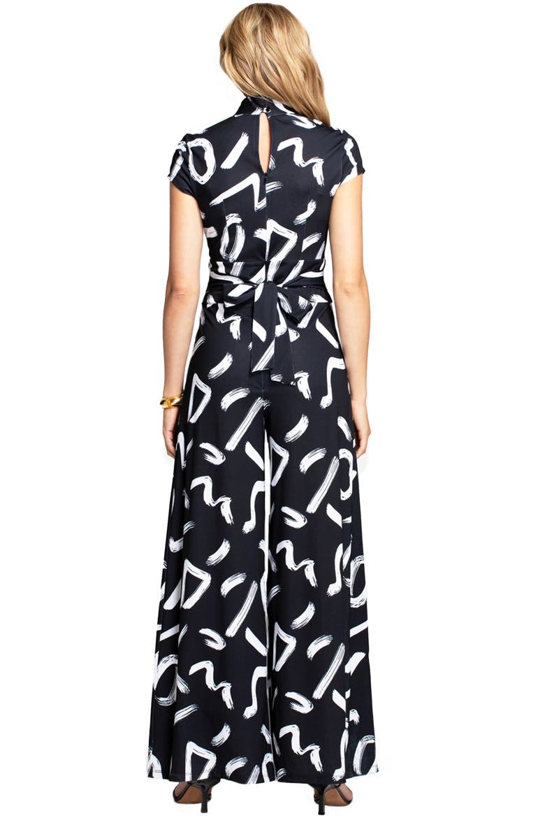Black & White V-Neck Wide Leg Jumpsuit, Alternate, color, Black with White Brushstrokes