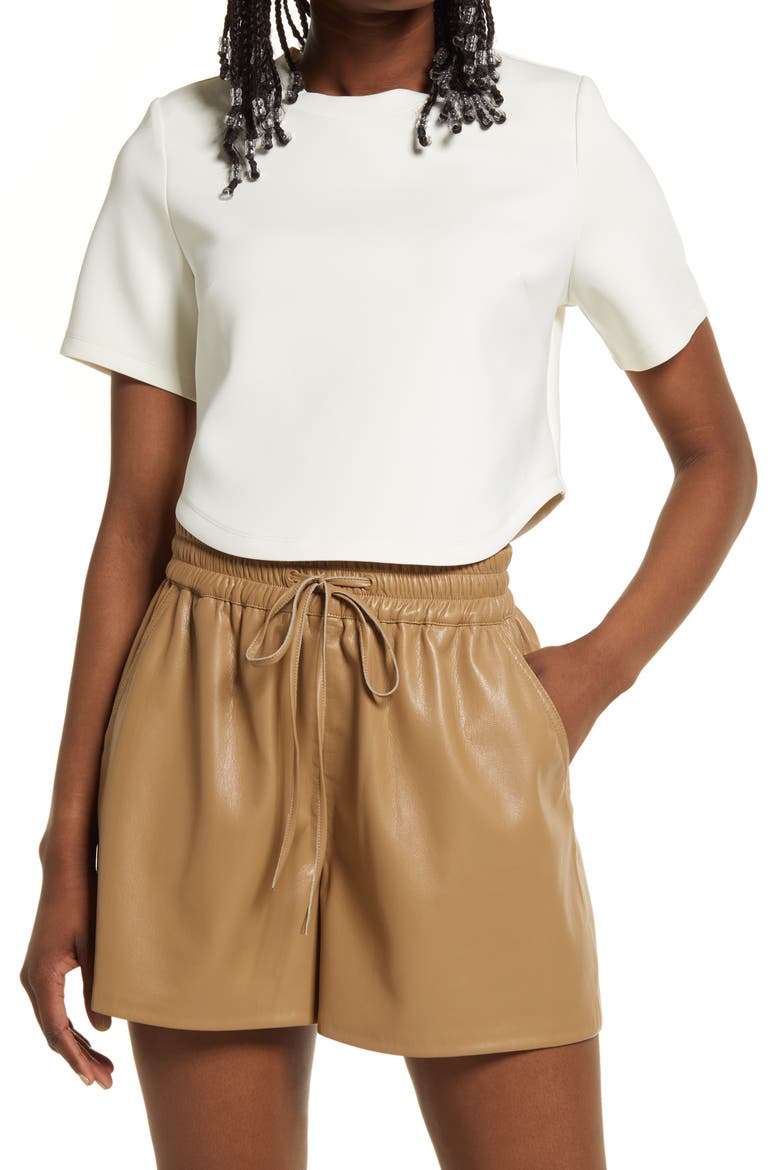 Strong Shoulder Scuba Crepe Crop T-Shirt, Main, color, IVORY001