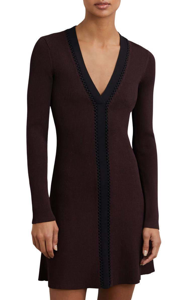 Reiss Alma Long Sleeve Rib Minidress, Alternate, color, Burgundy/Black