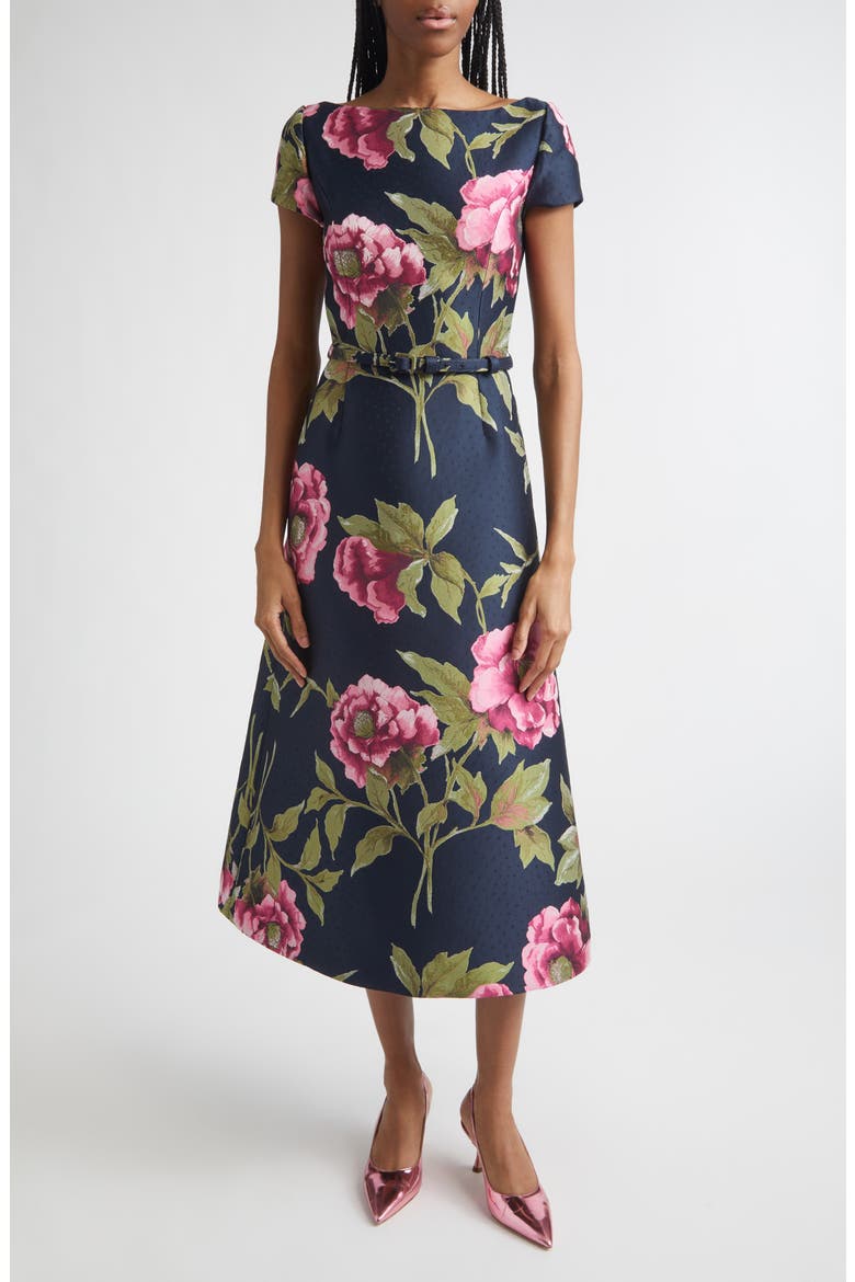 Peony Jacquard Belted Midi Dress, Main, color, MIDNIGHT MULTI