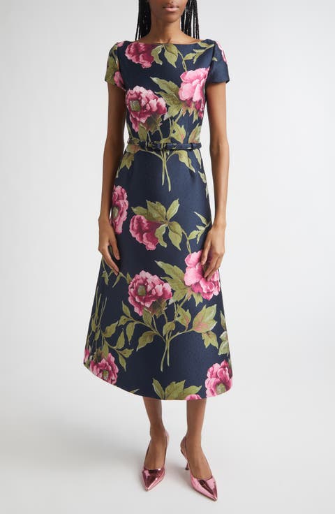 Peony Jacquard Belted Midi Dress