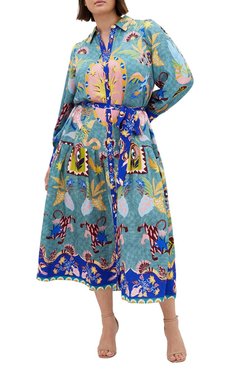 City Chic Calista Mixed Print Long Sleeve Maxi Shirtdress, Main, color, Mystic Gaze