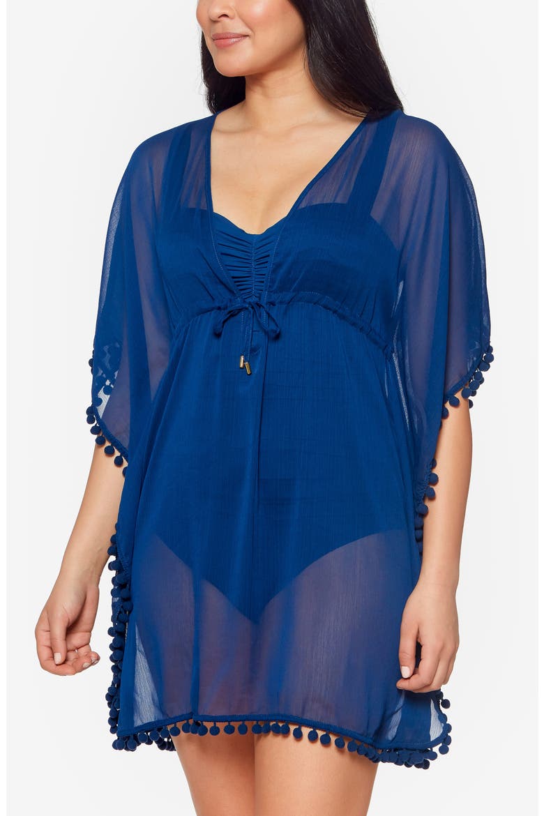 Gypset Pompom Sheer Cover-Up Caftan, Alternate, color, NAVY