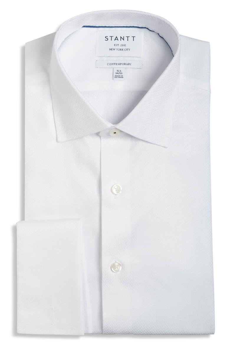 Contemporary Fit White Cotton Dobby Tuxedo Shirt, Main, color, WHITE