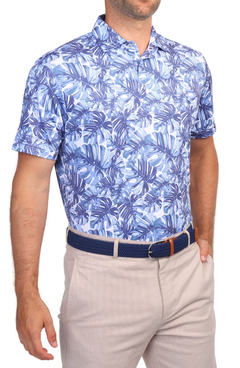 TailorByrd Tropical Leaf Print Performance Polo, Alternate, color, Navy