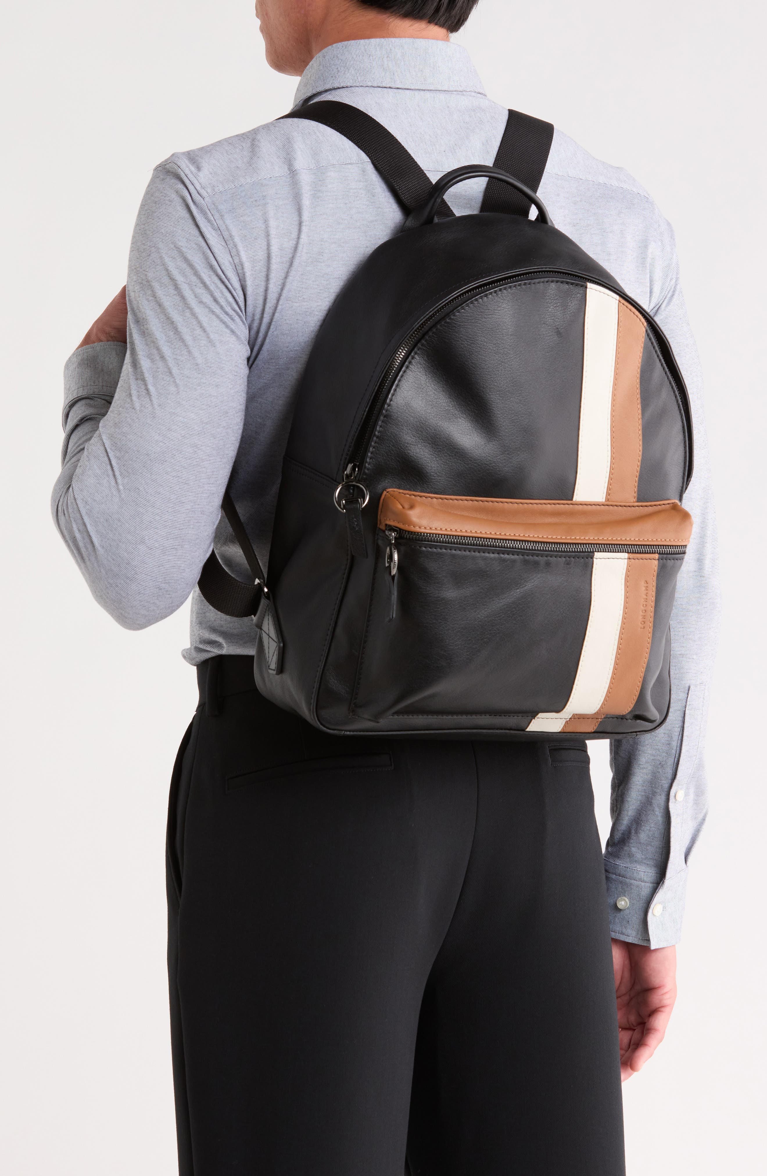 Stripe Faux Leather Backpack, Alternate, color, BLACK