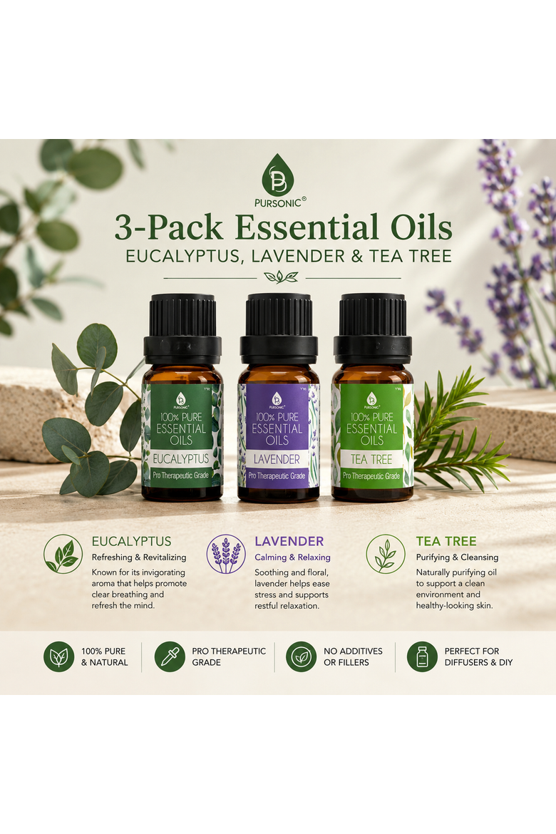 3-Pack Essential Oils: Eucalyptus, Lavender & Tea Tree, Alternate, color, Multicolor
