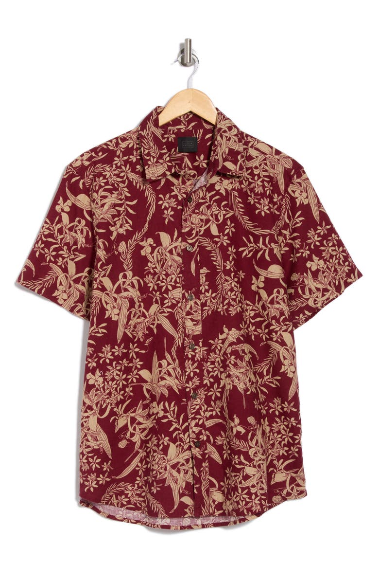 14th & Union Short Sleeve Linen & Cotton Button-Up Shirt, Alternate, color, Red Grape Aloha Floral
