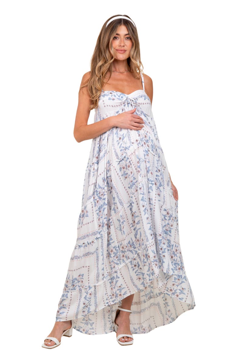 PinkBlush Hi-Lo Spaghetti Strap Patchwork Ruffle Maxi Dress, Main, color, Light Blue