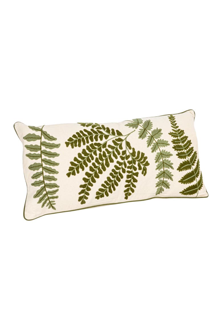 Cotton Lumbar Pillow with Fern Fronds Embroidery, Cream and Green, Main, color, Green