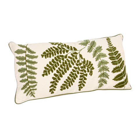 Cotton Lumbar Pillow with Fern Fronds Embroidery, Cream and Green