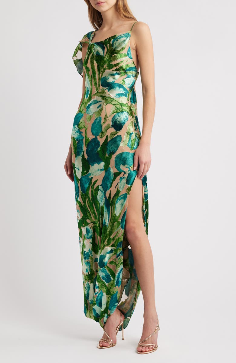 Cult Gaia Iker Asymmetric Neck Leaf Print Jacquard Silk Blend Gown, Alternate, color, 