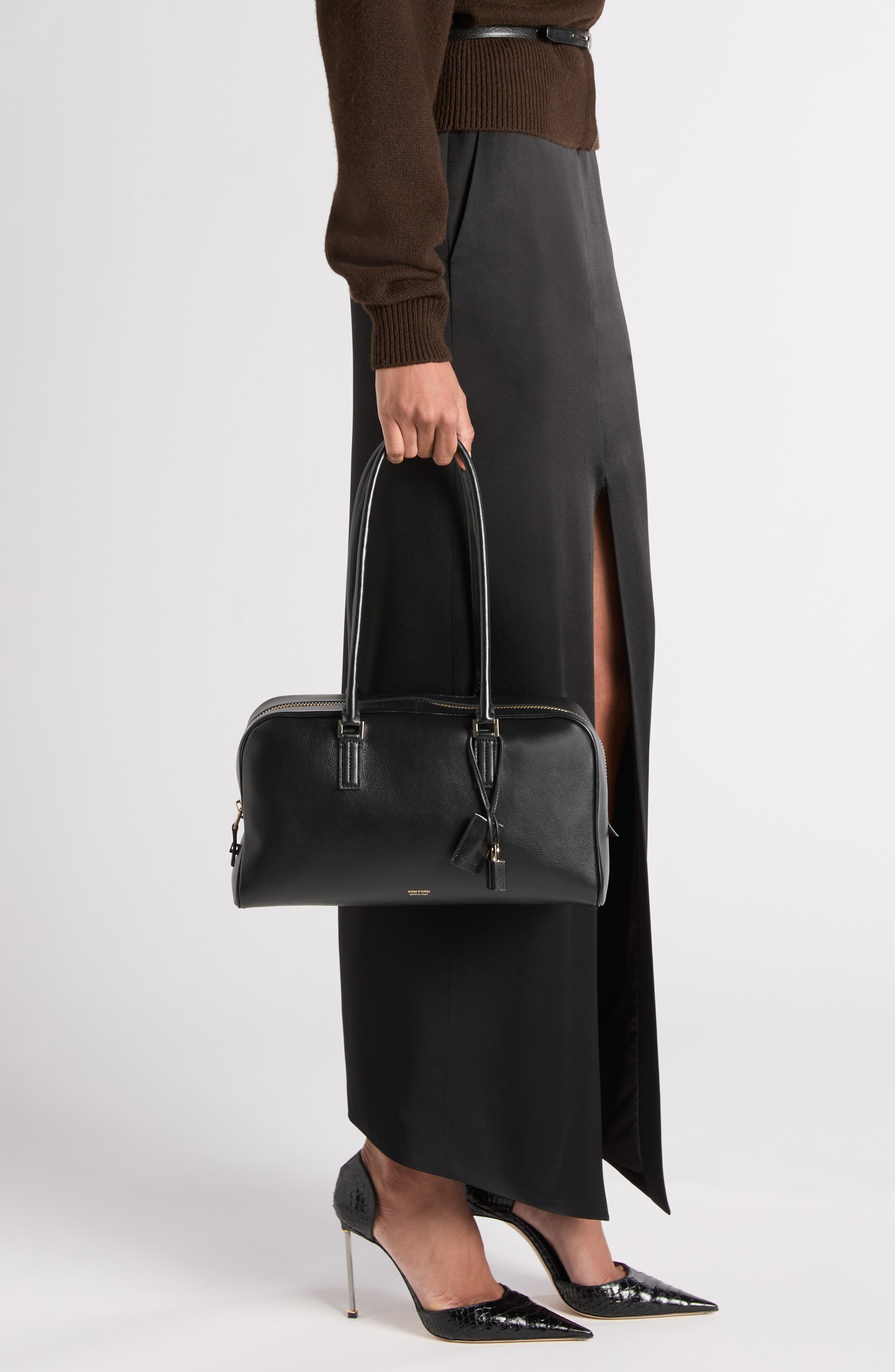 TOM FORD Small Leather Bowling Bag, Alternate, color, Black