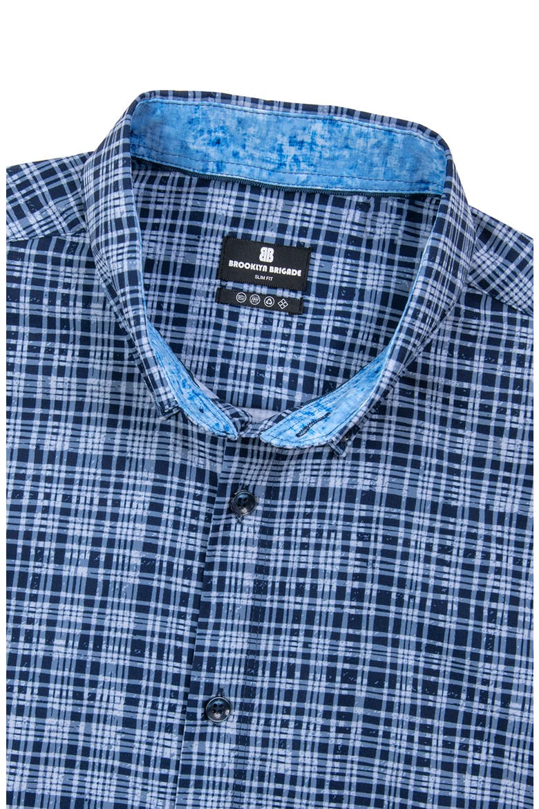 Slim Fit Tudor Textured Check 4-Way Stretch Performance Short Sleeve Shirt, Alternate, color, NAVY