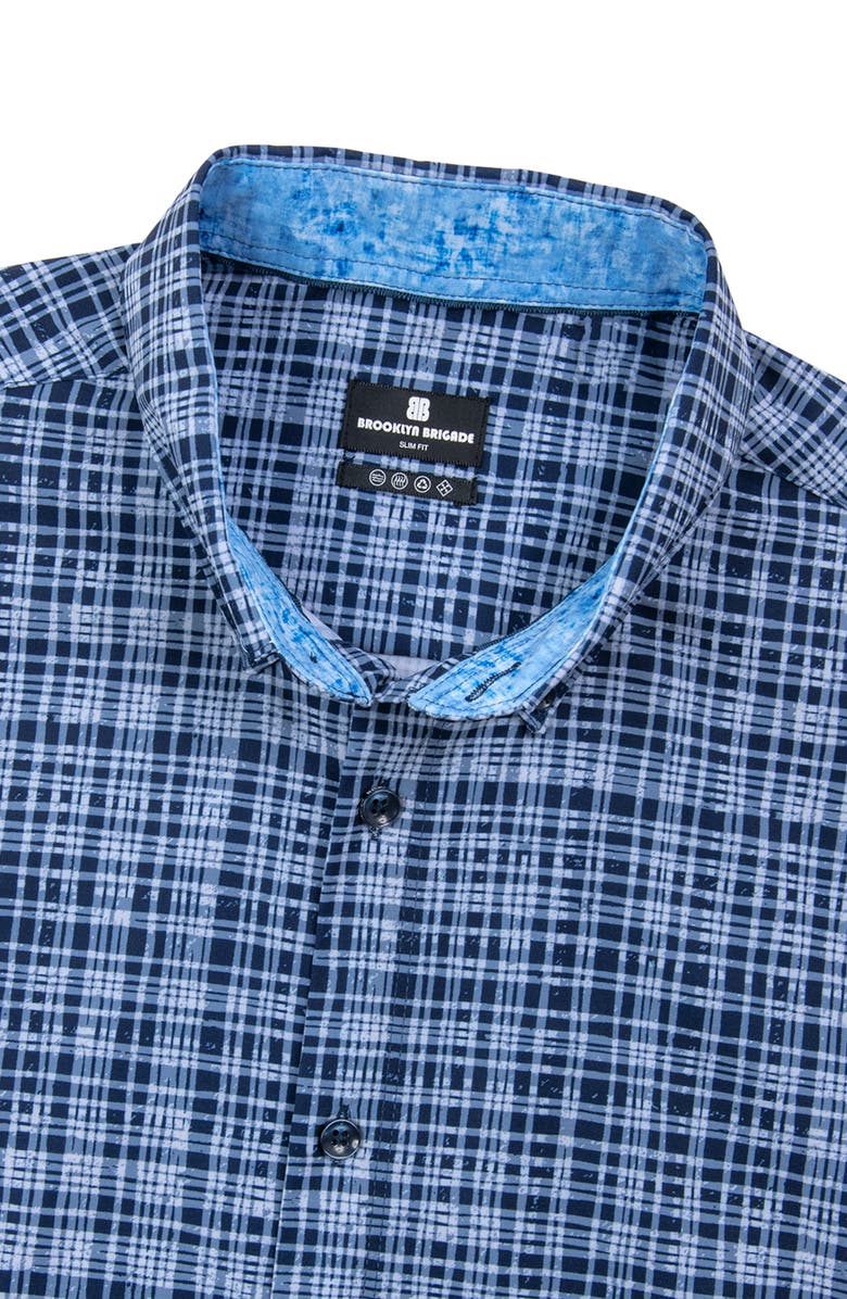 Brooklyn Brigade Slim Fit Tudor Textured Check 4-Way Stretch Performance Short Sleeve Shirt, Alternate, color, Navy