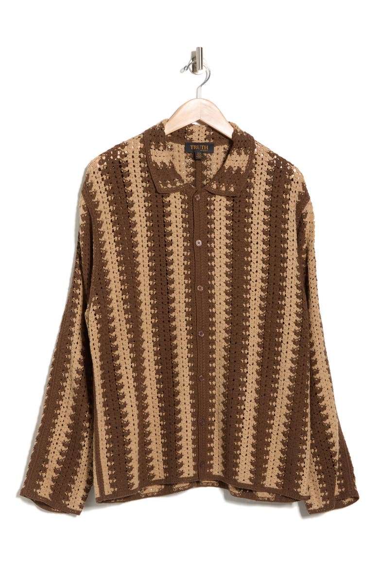 Crochet Long Sleeve Button-Up Sweater, Alternate, color, CHOCOLATE COMBO