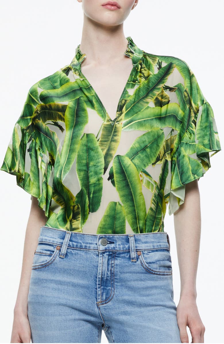 Alice + Olivia Julius Palm Print Stand Collar Blouse, Main, color, 