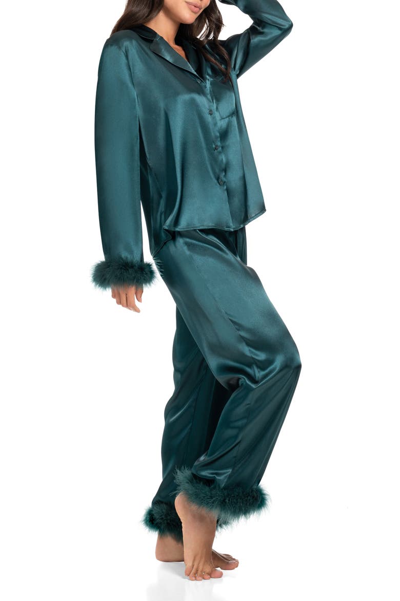 Rory Feather Trim Satin Pajamas, Alternate, color, PINE