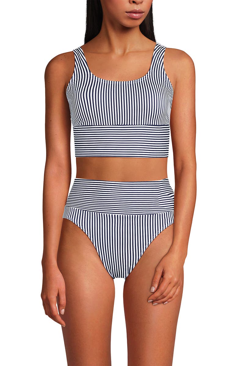 Lands' End Tugless Tankini Top and High Waisted Bottom Swimsuit Set, Alternate, color, Deep Sea Navy Mini Stripe
