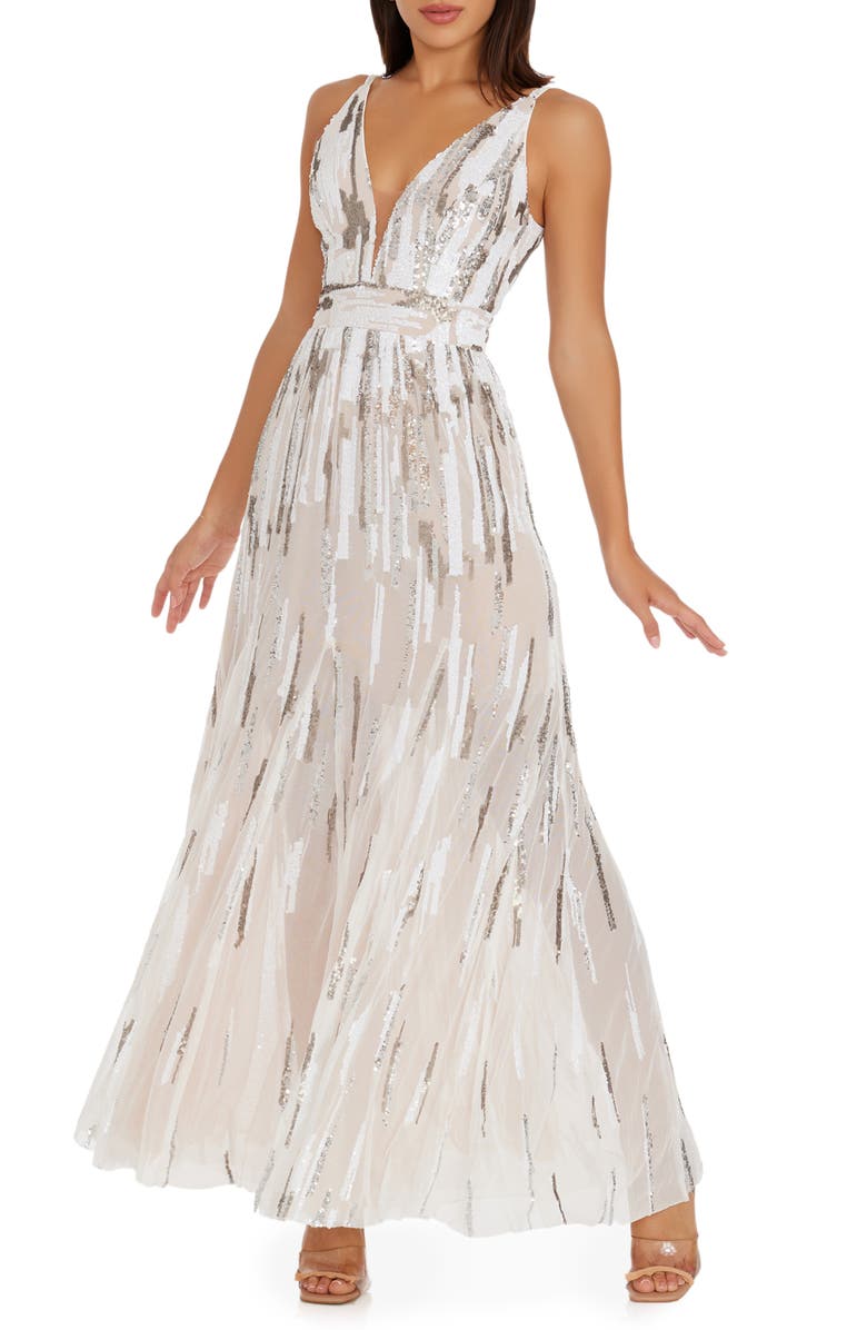 Dress the Population Samira Sequin Embellished Gown, Main, color, White/ Silver
