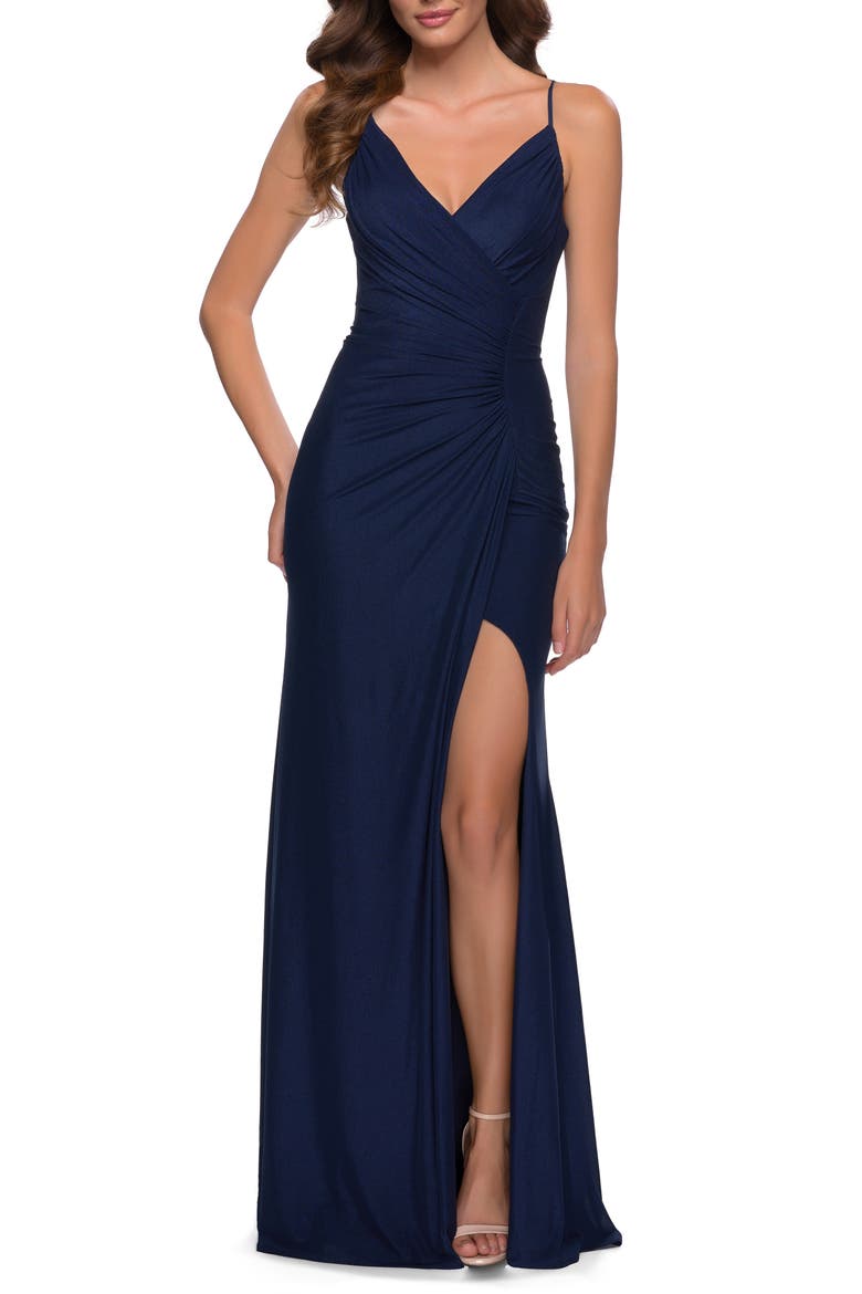 Net Jersey Prom Dress with Ruching Across Front, Main, color, NAVY
