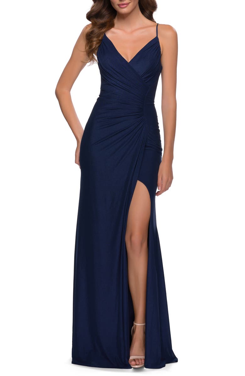 La Femme Strappy Back Ruched Jersey Gown, Main, color, 