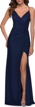 La Femme Net Jersey Prom Dress with Ruching Across Front
