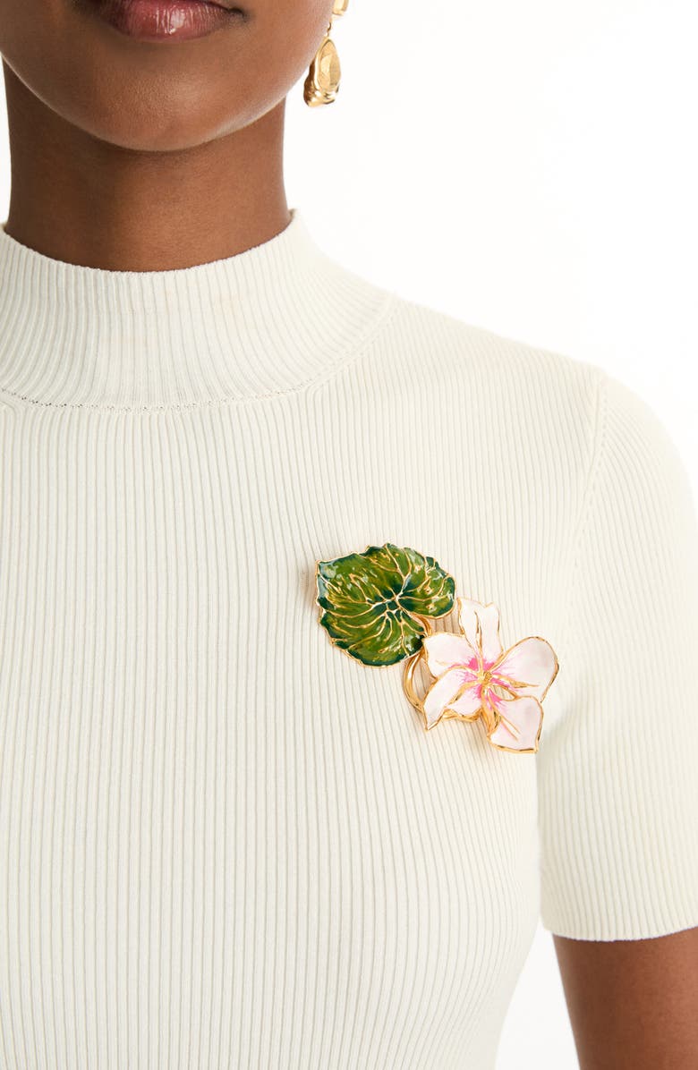 Oscar de la Renta Cyclamen & Leaf Enamel Brooch, Alternate, color, Pink