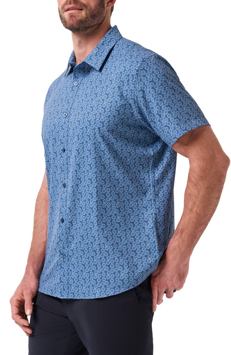 TravisMathew Techwoven Sunlight Floral Short Sleeve Performance Button-Up Shirt, Alternate, color, Bering Sea