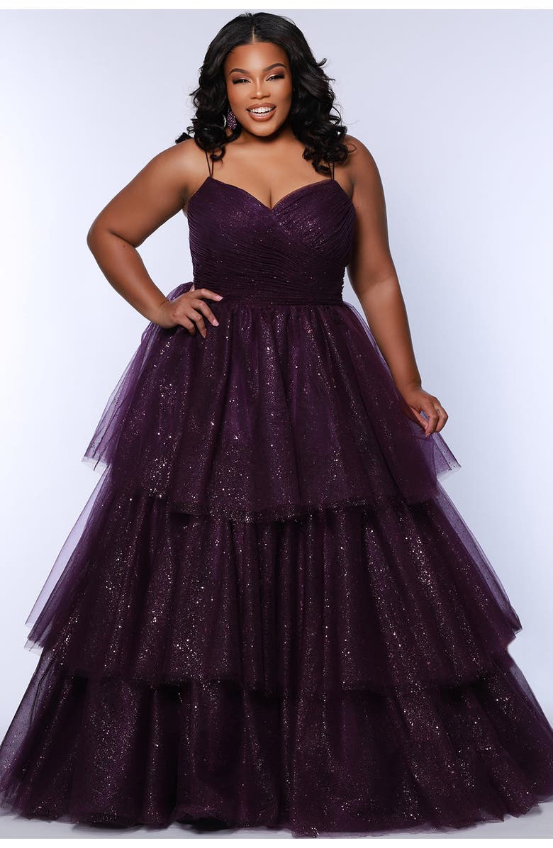Sydney's Closet Spaghetti Strap Teired Plus Size Ballgown, Main, color, Purple