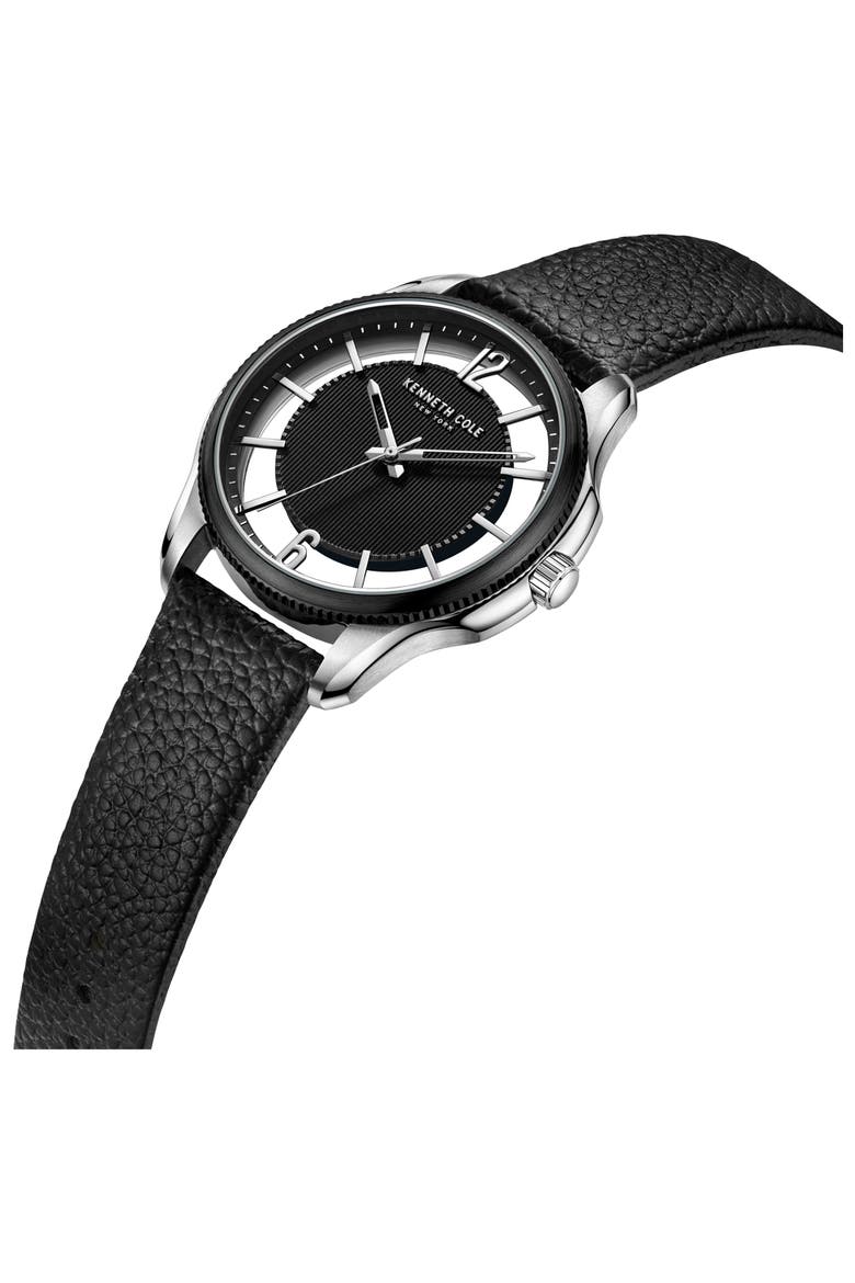 Transparency Leather Strap Watch, 42mm, Alternate, color, BLACK