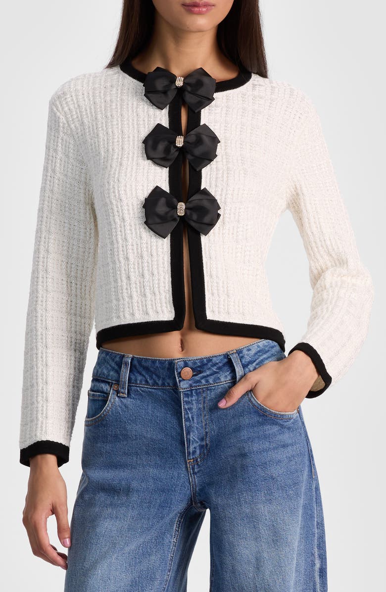 Alice + Olivia Akira Bow Cardigan, Main, color, Soft White/ Black