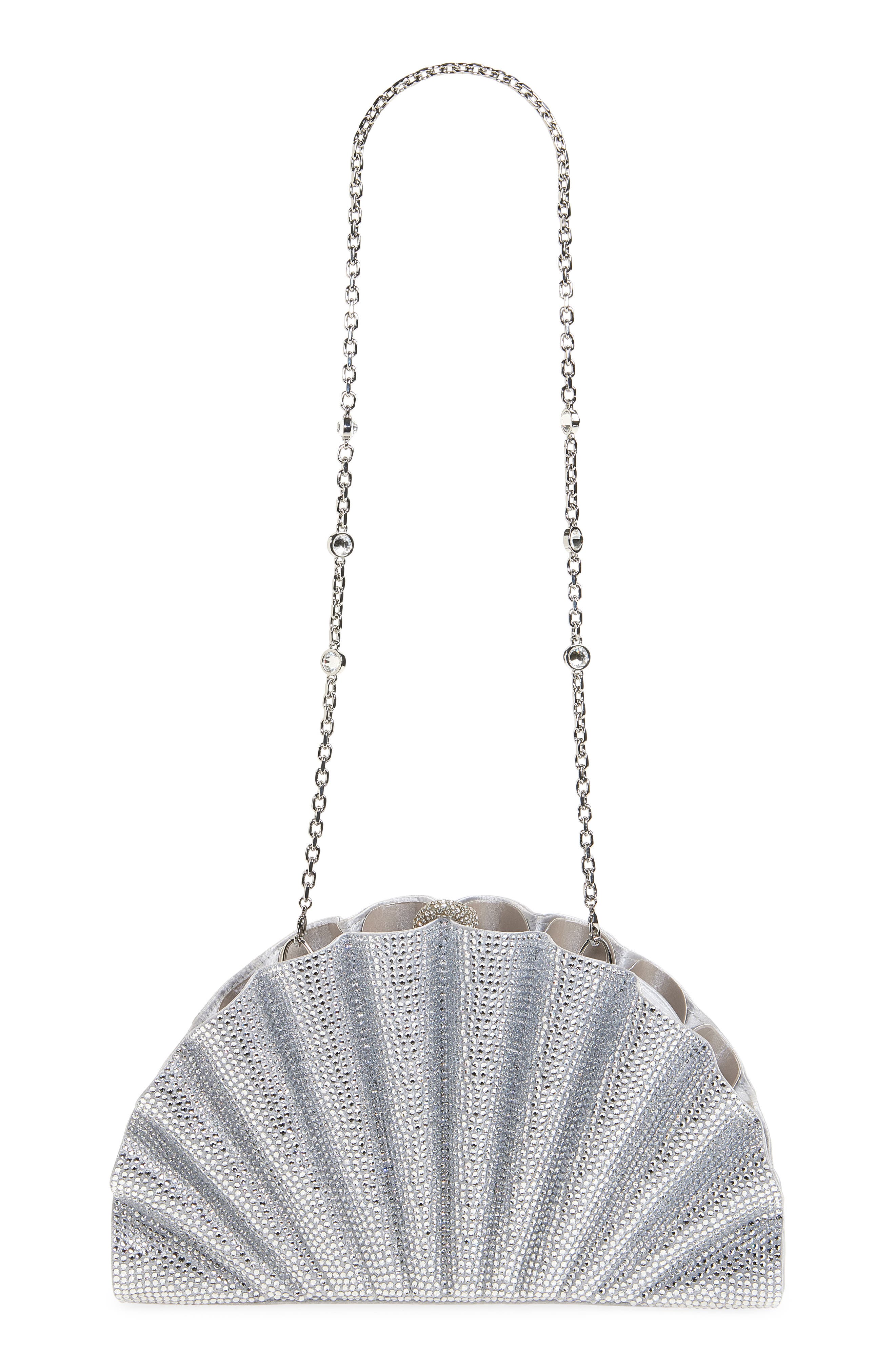 Origami Fan Crystal Embellished Satin Clutch, Alternate, color, SILVER RHINE